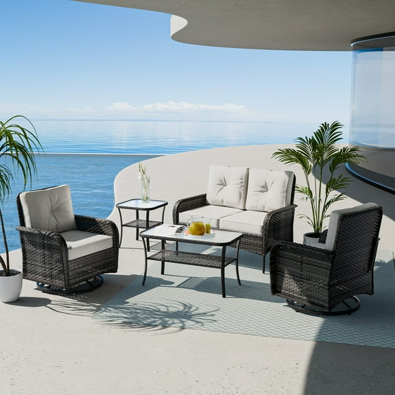 EAGLE PEAK 5-Piece Outdoor Furniture Set, All-Weather Patio Conversation Set w/ Swivel Rocker Chairs & Coffee Table