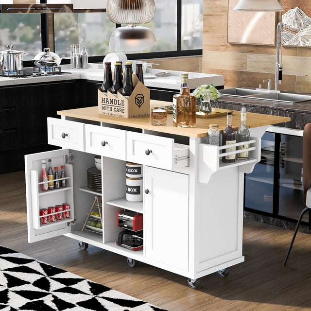 Kitchen Island Cart with Rubber Wood Drop-Leaf Countertop, 5-Wheel Rolling Island with Internal Storage Racks, Cabinet and 3 Drawers for Dining Room Kitchen