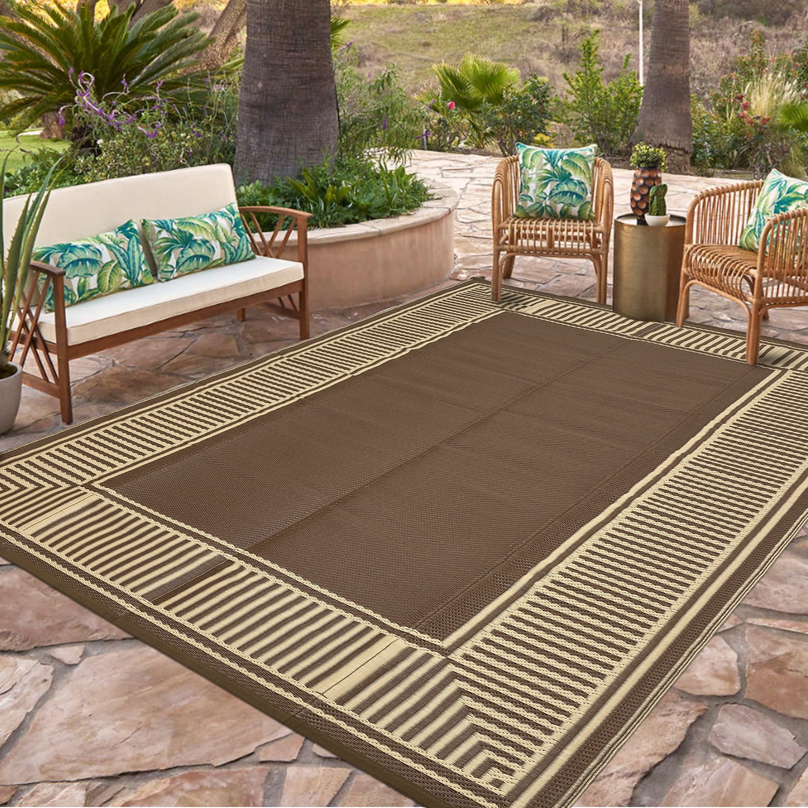 Garvee 9'x18' Waterproof Outdoor Area Rug Reversible Plastic Geometric Bordered Patio Mat UV-Protected for Deck, Backyard, RV and Camping, Brown