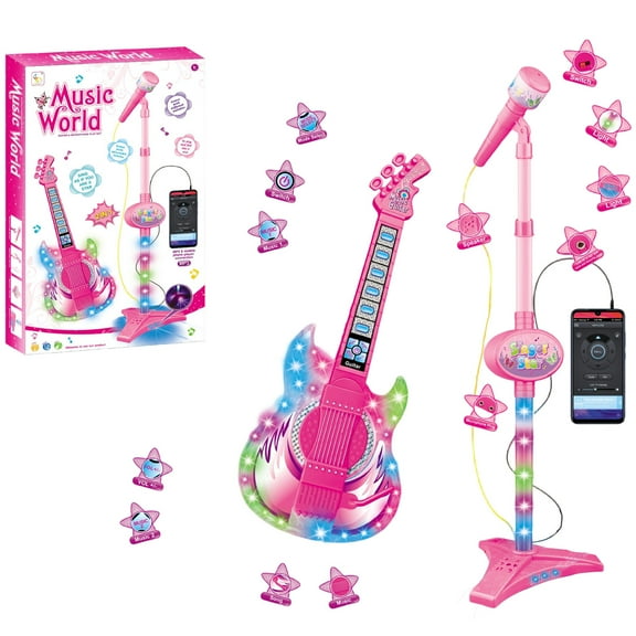 Musical Guitar and Microphone Set with Stand, Guitar Toys with Music&colorful Light,microphone Music Light Karaoke Music Toys Birthday for Kids Boys Girls