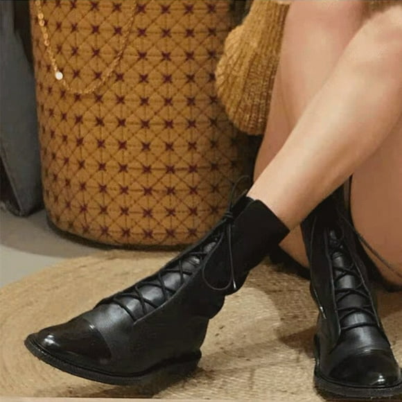 Cameland Vintage Mid Calf Boots Women's Leather Fashion Lace Up Ladies Comfort Woman Shoes Women's Vintage Western Platform Booties, Ankle Boots For Women Low Heel