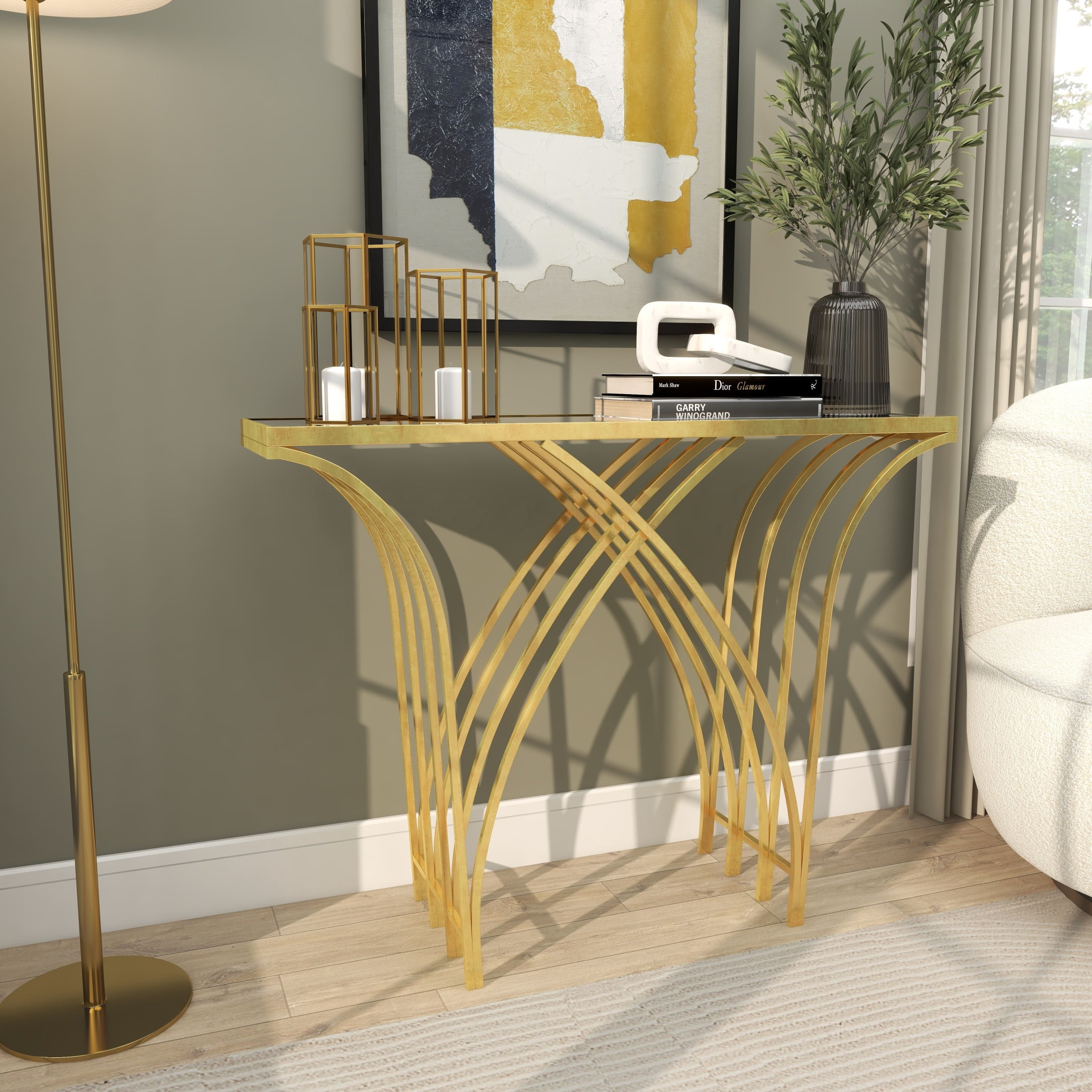 DecMode 41" x 31" Gold Metal Rectangular Geometric Console Table with Mirrored Glass Top, 1-Piece