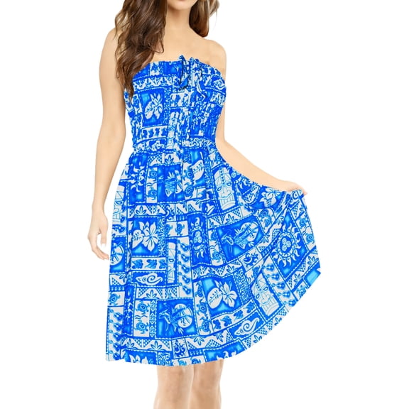 HAPPY BAY Women's Summer Boho Halter Smocked Mini Swing Beach Dress Tube Top Strapless Dresses for Women L-XL Cerulean, Tropical