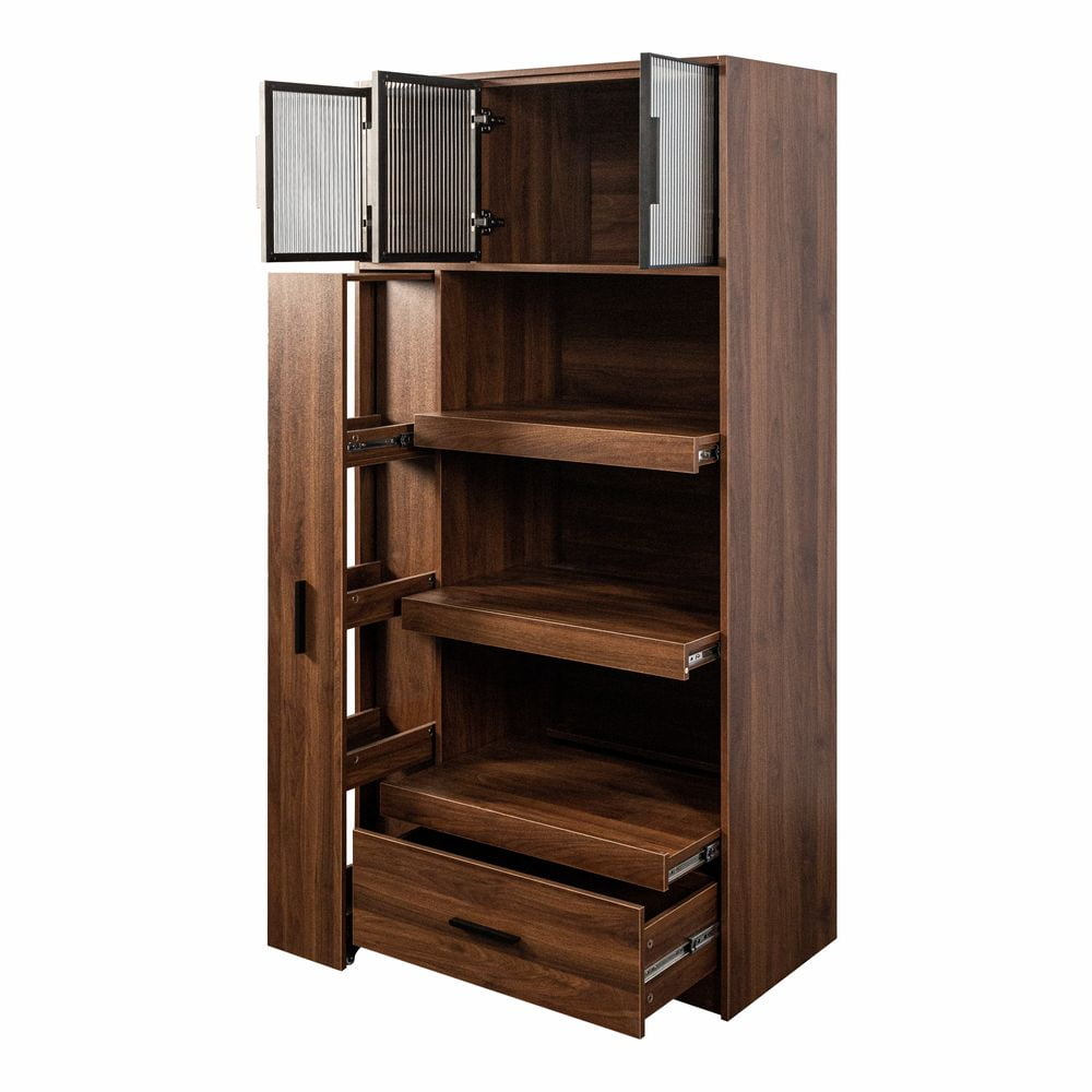 LUMAMIN 71" Kitchen Pantry Storage Cabinet with Pull-Out Multi-Tier Storage Shelf, Tall Kitchen Hutch Pantry Cabinet with Drawer and Microwave Stand Walnut