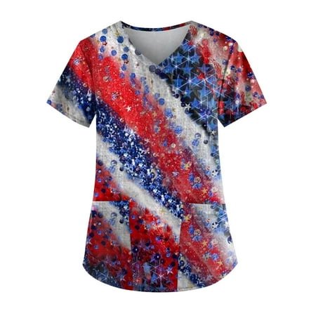 

Apepal Women Short Sleeve V-neck Print Pocket Scrub Tops