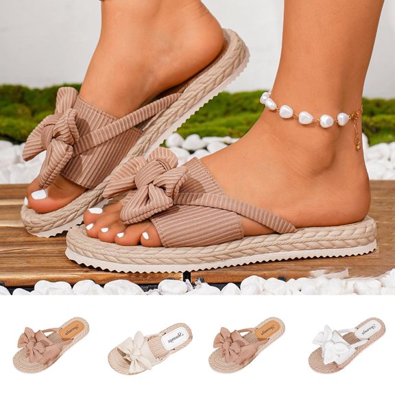 YHAJDS Women's Beach Sandals Fabric Upper Embellishment Outdoor Slides Summer Vacation Comfort Shoes