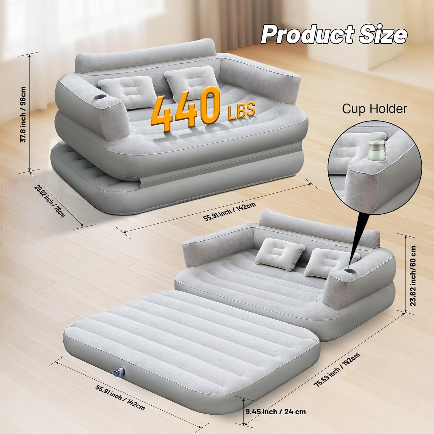 Full Size Inflatable Sofa Bed with Air Pump,2-in-1 Blow-Up Couch and Folding Air Mattress Bed for Home,Camping,and Guests