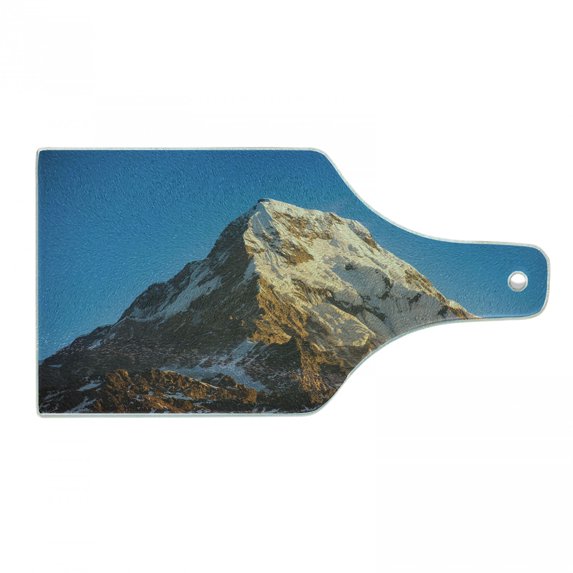 Mountain Cutting Board, Panoramic Himalayas in Nepal Freezing Cold Terrain Tibetian Nature Adventure, Decorative Tempered Glass Cutting and Serving Board, Wine Bottle Shape, Blue Brown, by Ambesonne