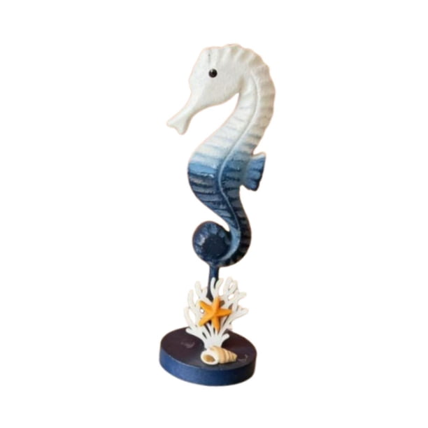 Escultura de caballito de mar náutico costero, figura decorativa de madera para el hogar moderno en la playa. Azul oscuro