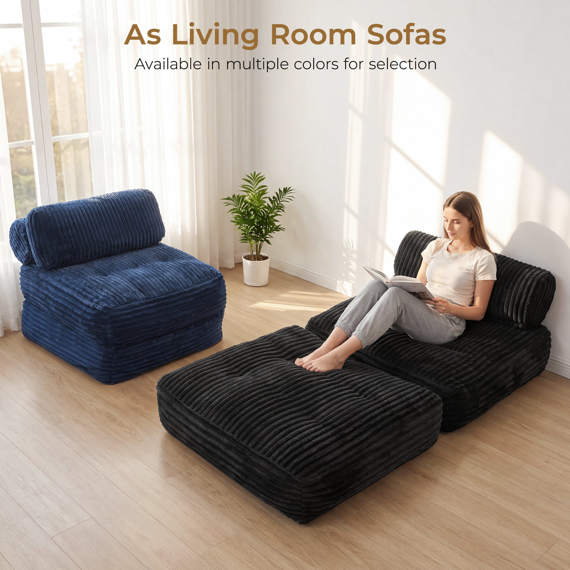 Neche Single Corduroy Convertible Sleeper Sofa - Folding, Pillow Included, Back Support, Portable for Living Room & Bedroom, Black