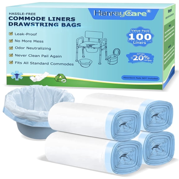 HanrayCare Commode Liners, Leak-Proof Disposable Bags for Commode Chairs and Bedside Toilets, 100 Count