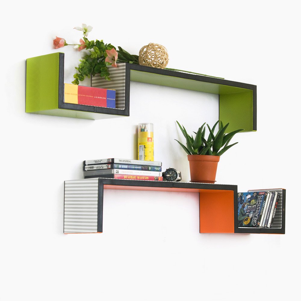 Grass Green & Orange SShaped Leather Wall Shelf / Floating Shelf (Set