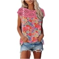 thumbnail image 2 of wycnly Shirts for Women Sexy Lace Patchwork Hollow out Loose Fit Pleated Hem Tee Tops Summer Trendy Floral Short Sleeve Round Neck Ladies Blouses Watermelon Red XL, 2 of 5
