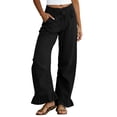 thumbnail image 2 of Oiangi Womens Wide Leg Pants Elastic Waist Cotton Linen Trousers Ruffled Hem Smocked Pant with Pockets Black M, 2 of 5