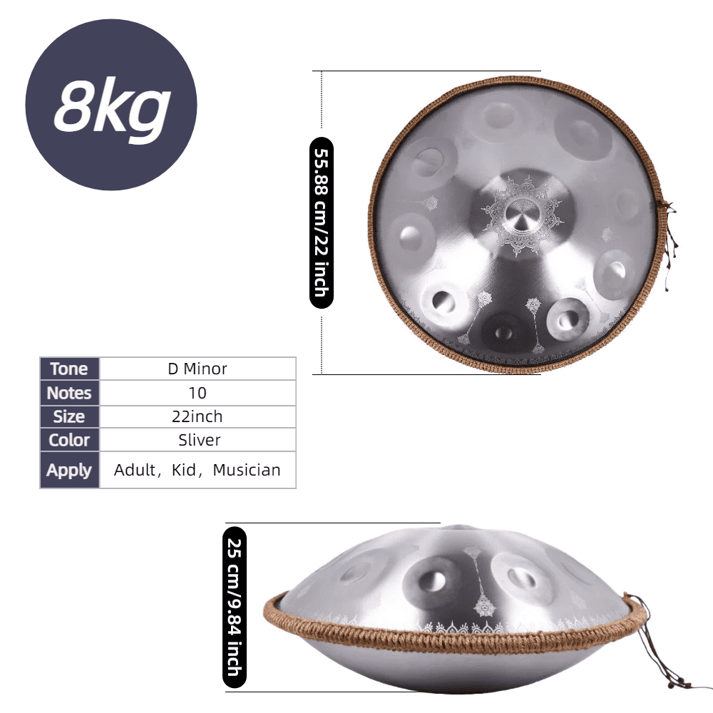 Sliver 10notes Handpan for Musical Lover 22inch Handmade Drum with whole Sets for Adults Percussion Instruments