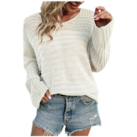 

Sweater Women Knit Pullover Hollow Long Sleeve Crewneck Loose Casual Knitwear Shirt Blouse
