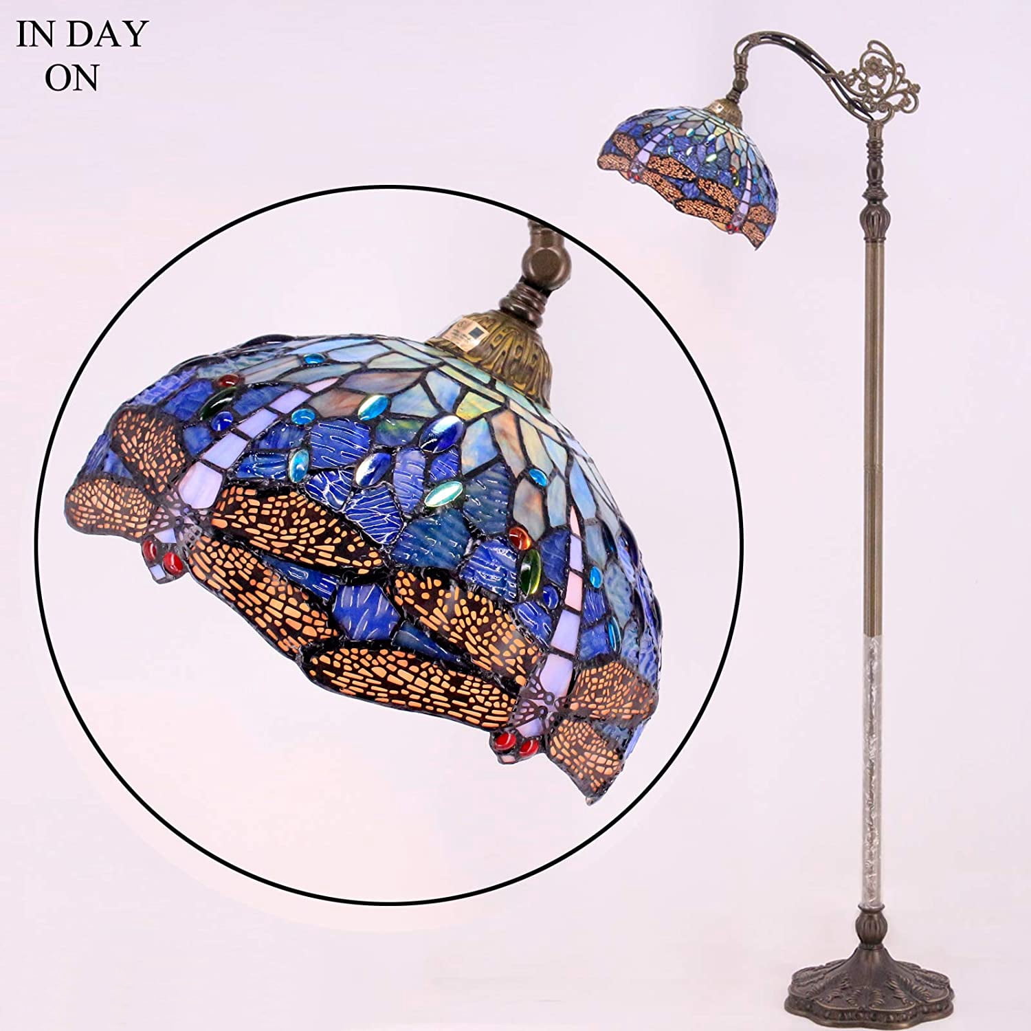 Tiffany Floor Lamp 64"Tall Industrial Pole Vintage Boho Blue Stained Glass Dragonfly Standing Corner Bright Reading Light LED Arched Gooseneck Adjustable Living Room Kids Bedroom Farmhouse