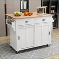 thumbnail image 2 of Kitchen Island Cart with Rubber Wood Drop-Leaf, Sliding Barn Door, Locking Wheels & Storage | White | MDF, 2 of 26