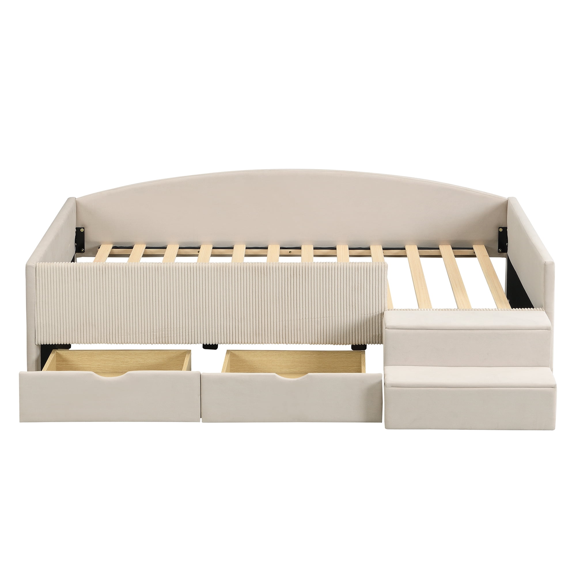 Mintazer Twin Size Upholstered Floor Daybed Frame with Safety Guardrail & 2 Storage Drawers & Stairs for Todder Kids, Beige