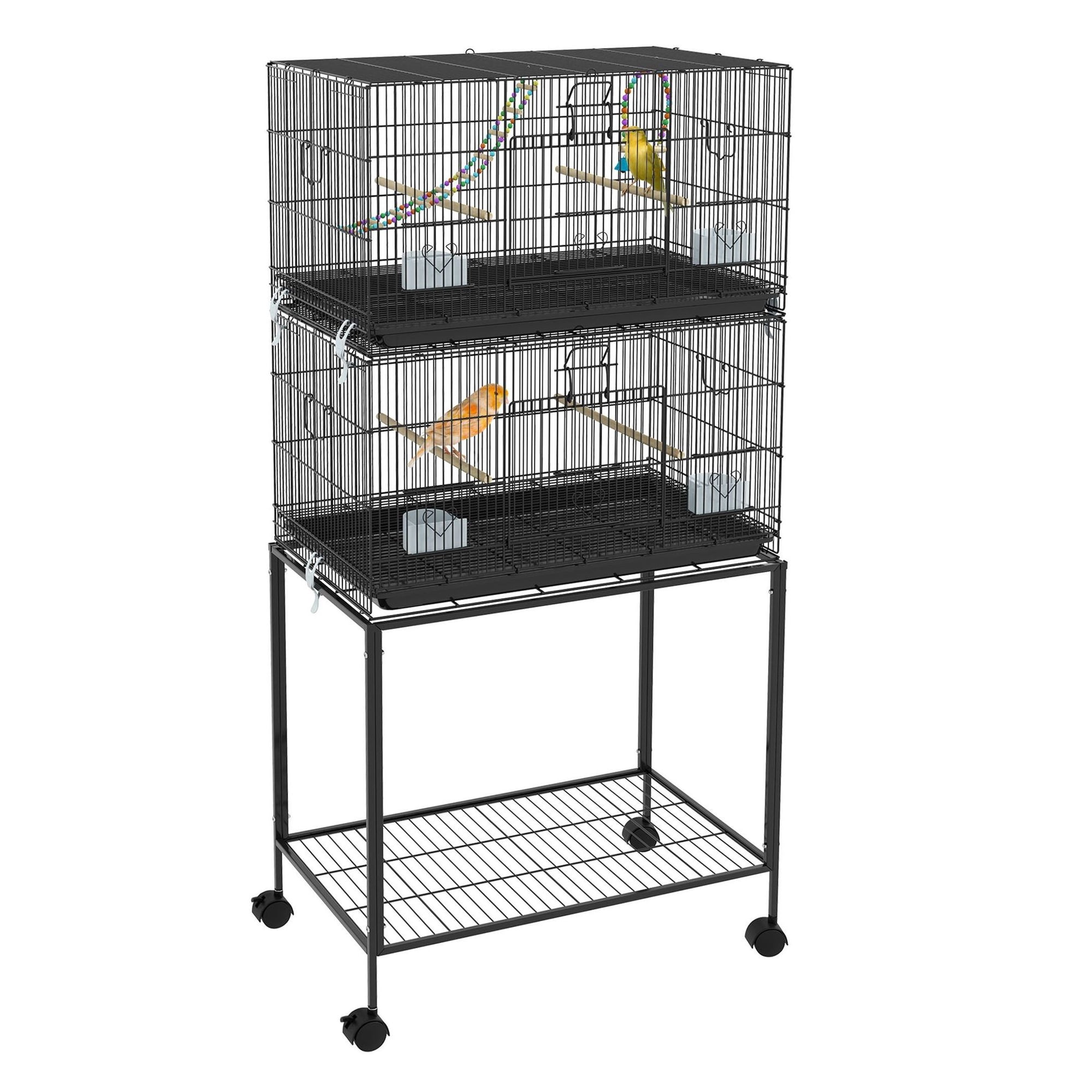 Bird Cage Double Stackable Steel Design with Wheels, Perches, Swing, and Removable Trays, 30.3x18.1x64.6 in, Black