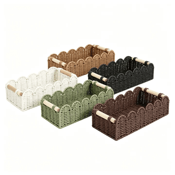 Woven Storage Basket Handmade Paper Rope Desktop Organizer,Decorative Coffee Table Bin with Wood Handle,Multi-Use for Cosmetic Snack Sundries Living Room Black