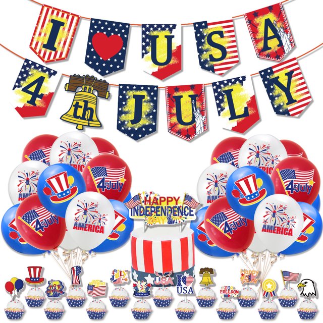 Decoraciones para fiestas temáticas del Día de la Independencia de EE. UU., globos con banderas, adornos para pasteles y decoraciones para el Día Nacional