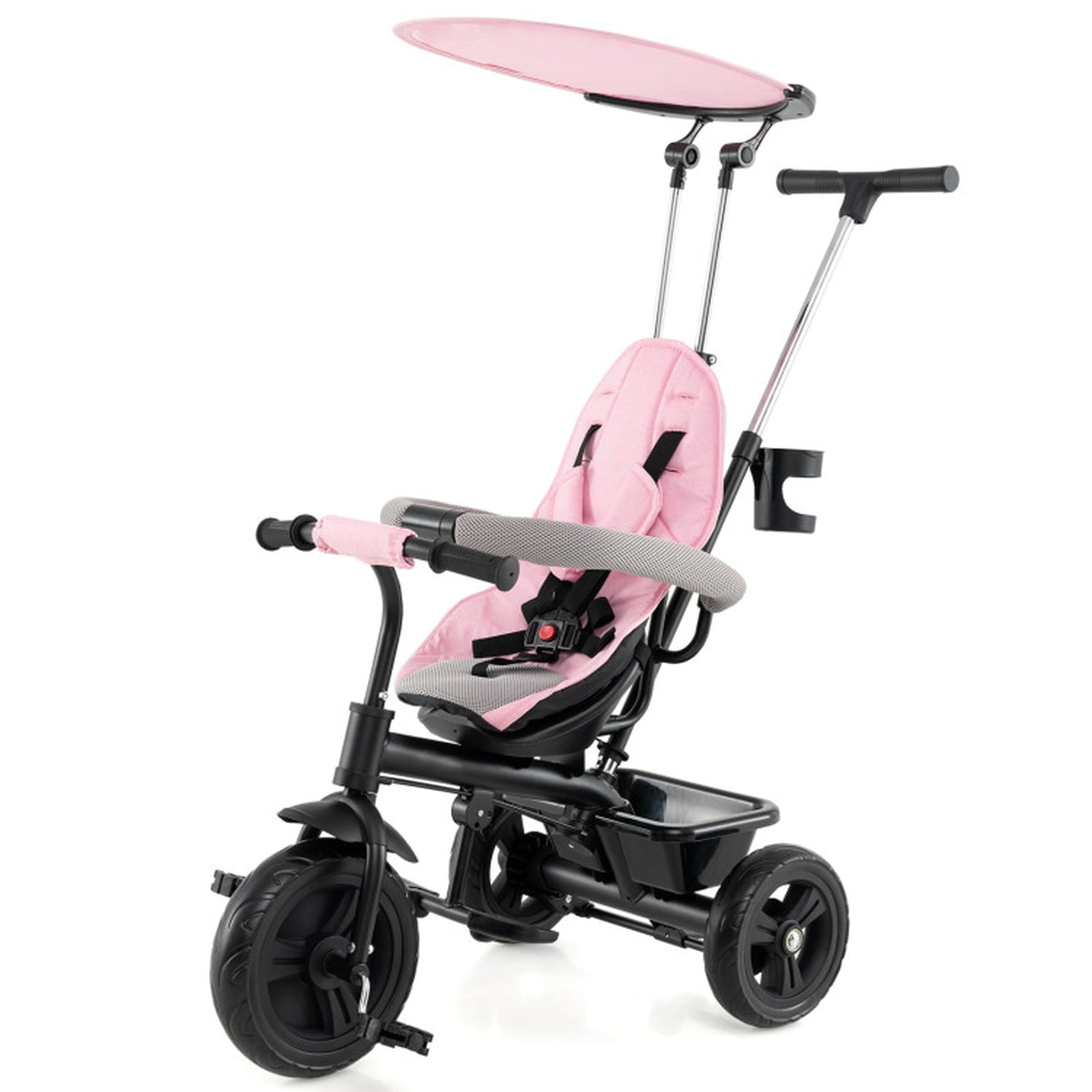Redsmile 7-in-1 Baby Tricycle for 9-60 Months, Toddler Trike Stroller with Adjustable Canopy & Push Handle, Kids Tricycle with 5-Point Harness, Foldable Footrests & Basket for Toddlers, Pink