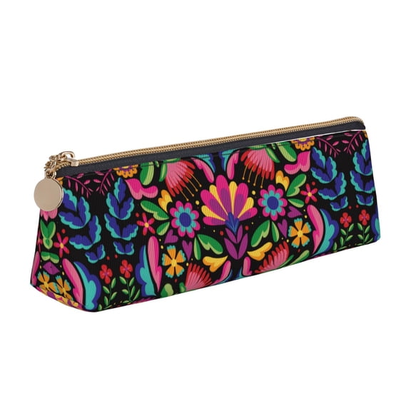 Naloa Colorful Floral Embroidery Mexican Print Leather Pencil Case - Portable Big Capacity Pencil Pouch Organizer Bag Stationery Bag for Work & Office Pencil Pen Case