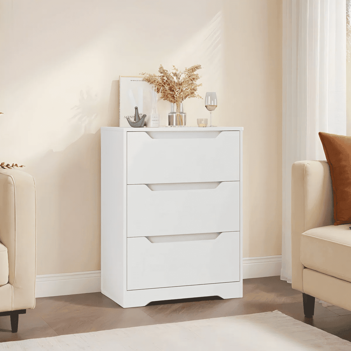 Homfa 3 Drawer White Dresser, 23.6”W Nightstand, Wood Chest of Drawer with Cutout Handles for Bedroom Living Room