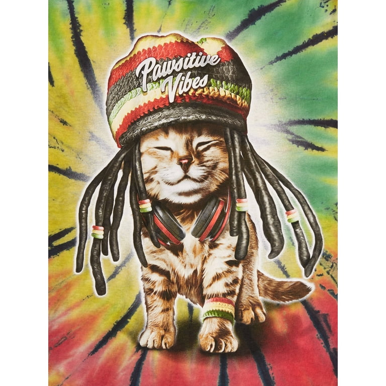 Humor Men's Washed Pawsitive Vibes Rasta Cat Graphic Tee