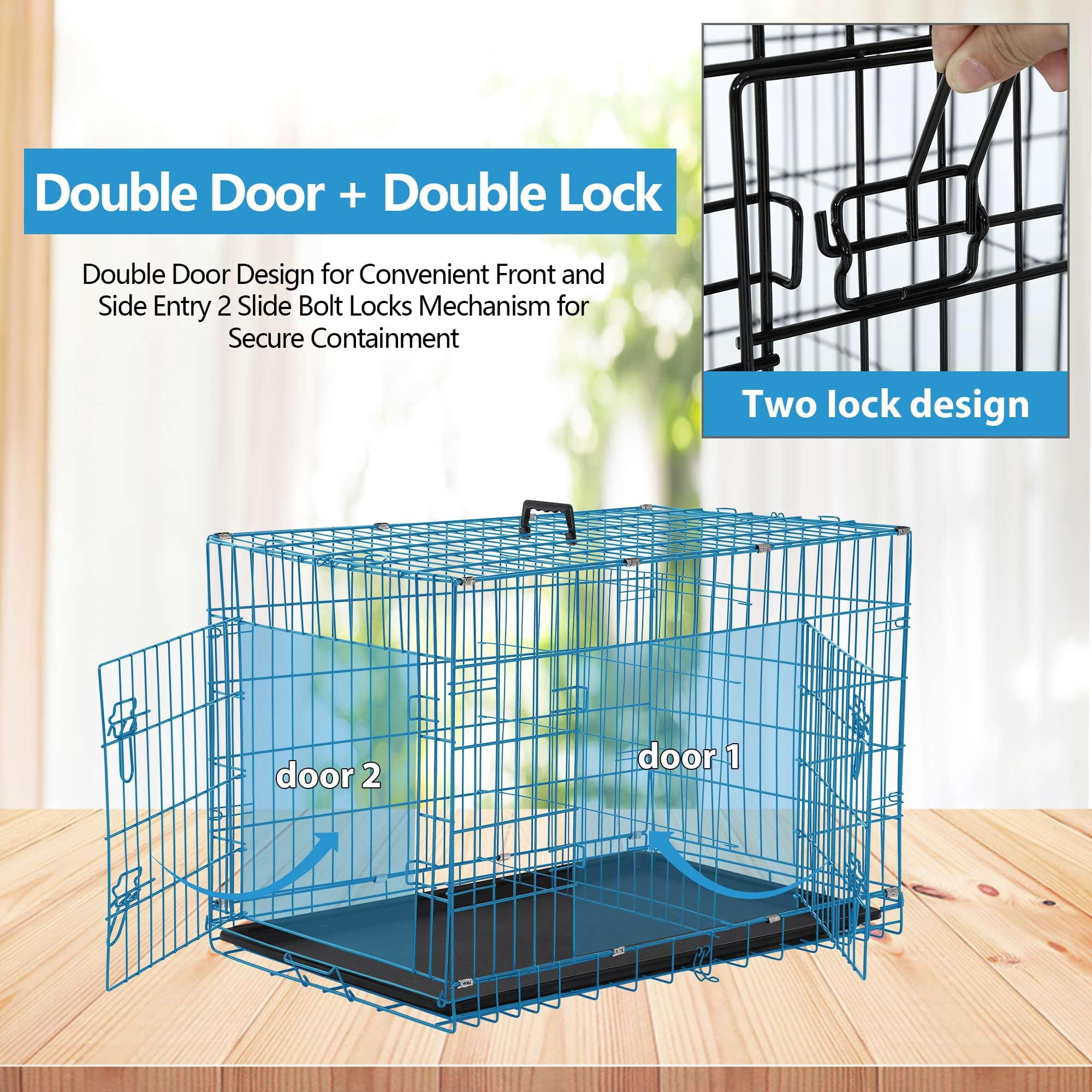 Heavy Duty XXL Dog Crate 48 Inch Metal Wire Folding Cage for Large Dogs, Removable Tray Double Door Divider Panel Handle, Pet Kennel Indoor Outdoor Use, Blue