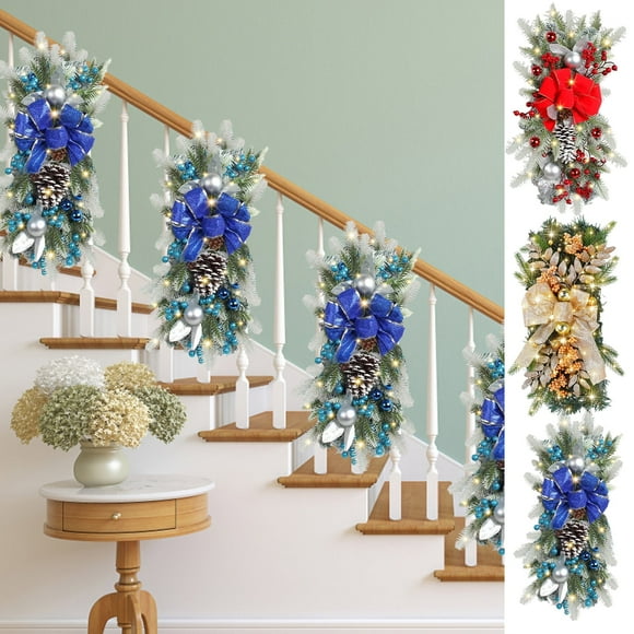 Light Up Christmas Swag Wreath Berries Bows Pinecones Stairway Swag Teardrop Trim Door Stair Garland for Front Door Window Stairs Golden