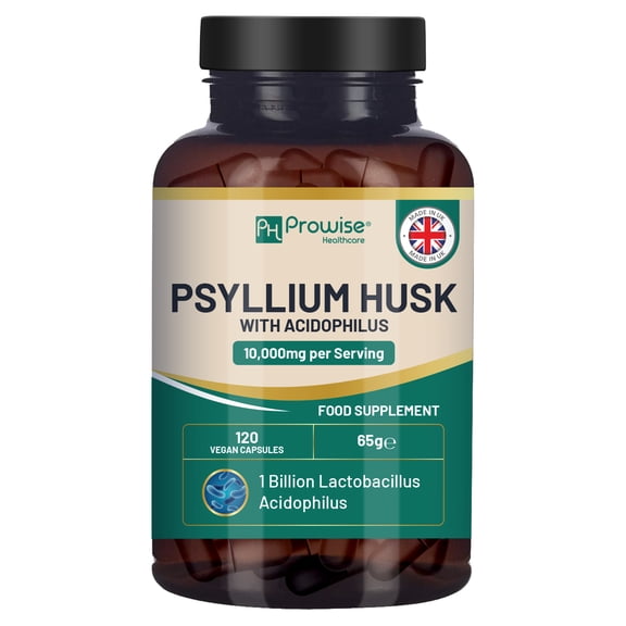 Psyllium Husk 10000mg with Acidophilus 1 Billion CFU, 120 Vegan Capsules | Natural Soluble Fibre Supplement from Plantago Ovata Seeds Made in The UK by Prowise Healthcare