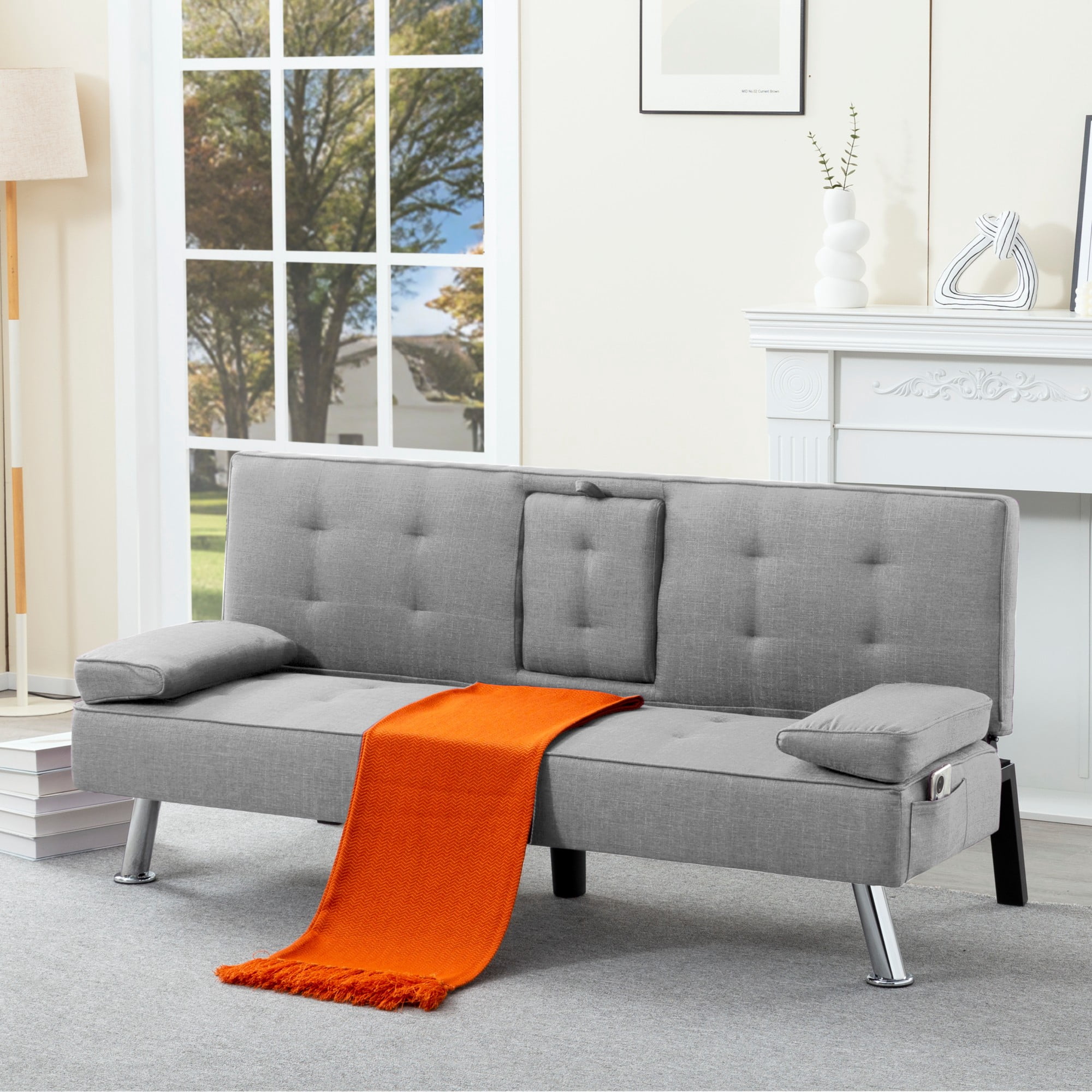 BSHTI 69.49" Fabric Convertible Futon Sofa Bed with Drop-Down Console, 2 Cup Holders, 5-Position Backrest, Side Pocket for Living Room（Light Gray）
