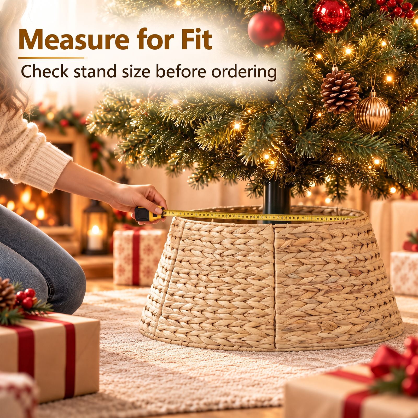 Alvantor Christmas Tree Collar, Woven Rattan Stand Cover with Cord Port, Yellow 36IN
