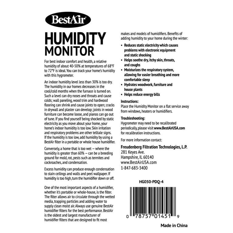 BestAir® HG050 Hygrometer, Humidistat Humidity Monitor Wt: 0.45 lbs.