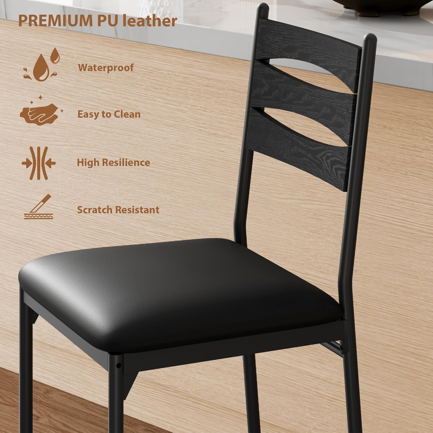 Garvee Bar Stools Set of 4, Wooden Barstools, Faux Leather Upholstered Bar Chair with Back & Footrest & Thick Cushion, Counter Height Bar Stools for Kitchen Island Apartment, Black