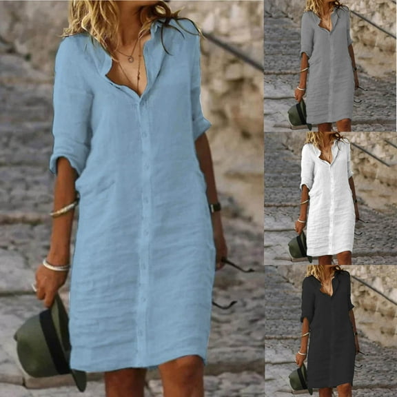 USSUMA Dresses for Women 2025 Casual Spring Women'S Casual Dresses Mid-Sleeve V Neck Casual Lapel Collar Solid Color Loose Fit T Shirt Dress Mid-Calf Dress Trendy Skirt Black Dress Size-L