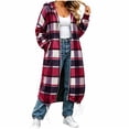 thumbnail image 2 of CHGBMOK Women Long Plaid Hooded Jacket Full Zip Up Loose Coat Casual Drawstring Hem Outerwear with Pockets, 2 of 7