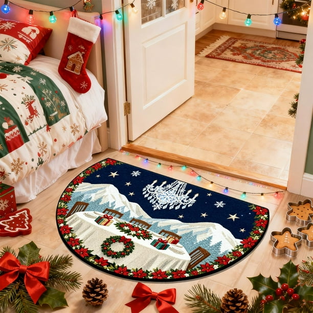 Felpudo navideño antideslizante de 23,6 x 15,7 pulgadas, semicircular, de poliéster, absorbente, resistente a la suciedad, para cocina, baño, alfombra de bienvenida, para entrada, porche, lavandería.