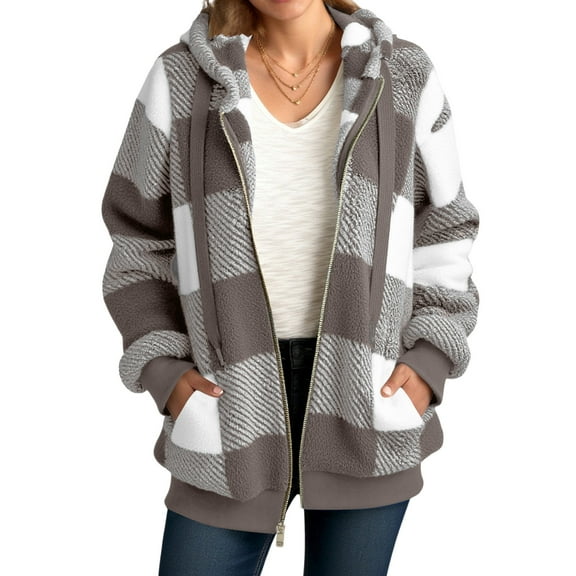 Xdegoge Fleece Plaid Jackets for Women Zip up Lightweight Flannel Shackets Fuzzy Long Sleeve Hoodies Drawstring Oversized Sweatshirts Fashion Winter Outfits with Pockets Streetwear