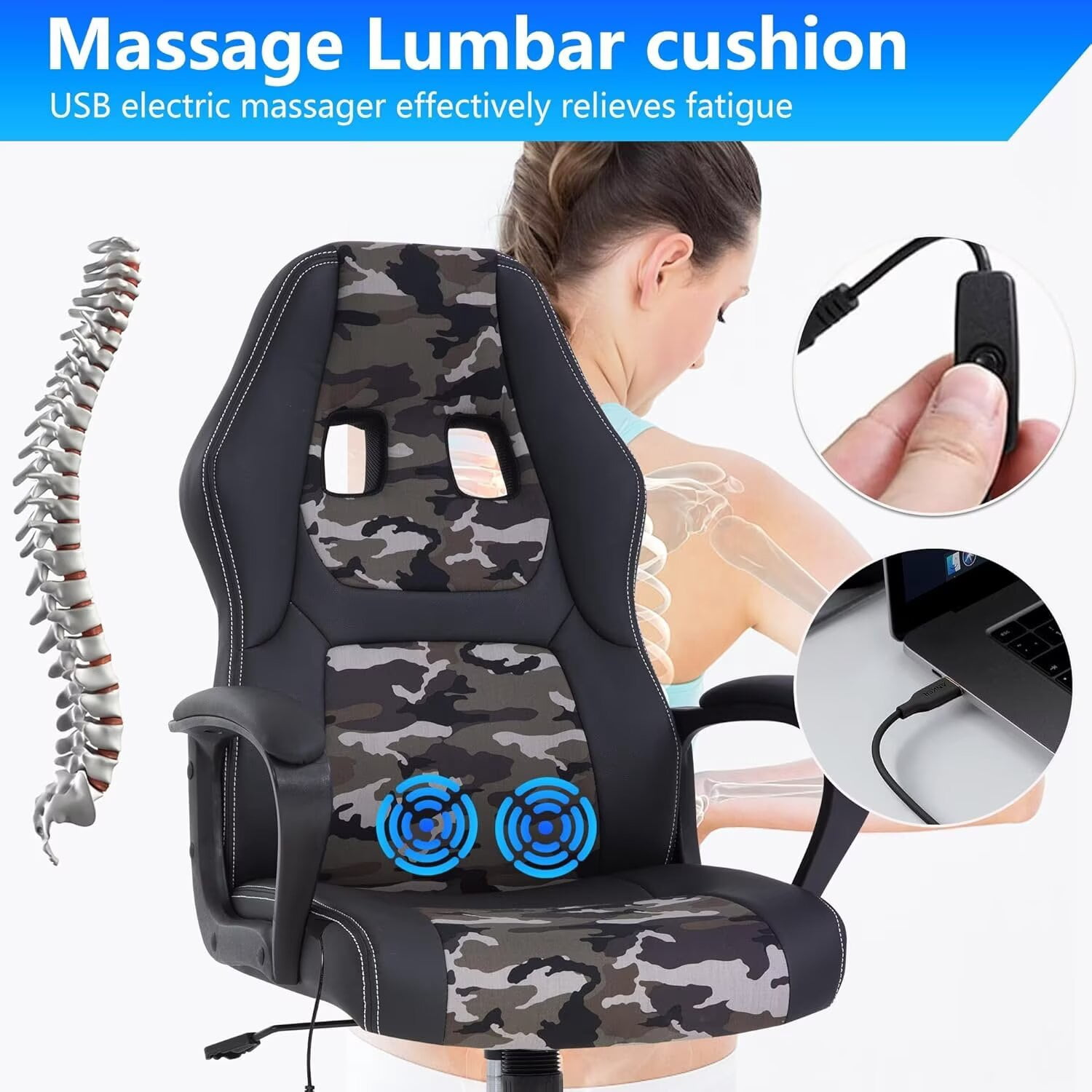 YRLLENSDAN Adjustable Gaming Chair Ergonomic Leather with Massager, Rolling Home Office Desk Chairs With Armrest and Lumber Support, Comfortable Computer Chair with Wheels for Adults, CAMO