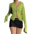 thumbnail image 2 of Liacowi Women Ruched Button Down Shirt Blouse Deep V Neck Bell Long Sleeve Trim Cardigan Tie Up Split Cuff Crop Top Harajuku Streetwear, 2 of 9