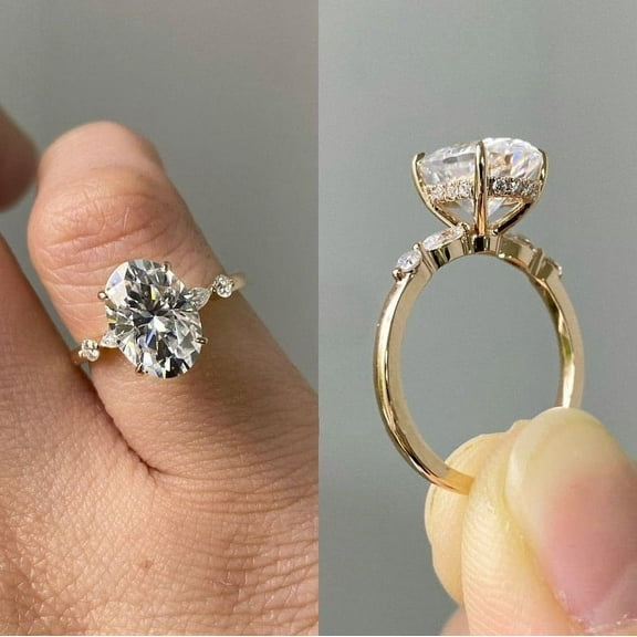 solitaire jewels3.75CT Oval Moissanite Hidden Halo Engagement Ring For Women, 14K Yellow Gold