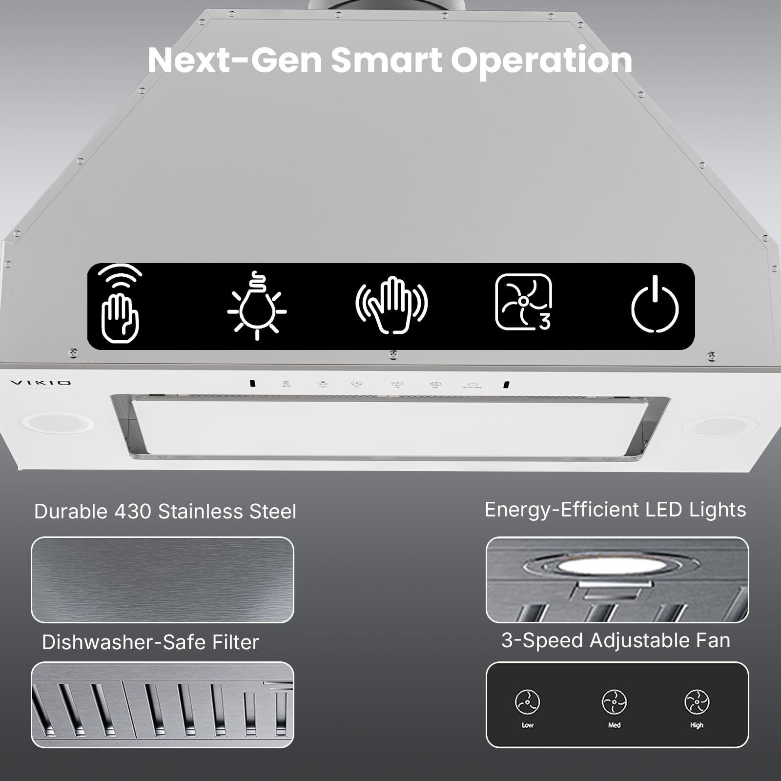 VIKIO 30 inch Insert Range Hood 900CFM Convertible Ducted to Ductless Exhaust Fan, Carbon Filter, Touch Panel, Stainless Steel, Silver