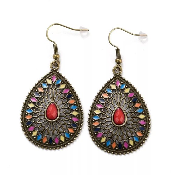 Bohemia Multicolor Teardrop Textured Earrings Long Dangle Drop Emanel Fish Hook Antique Bronze E18