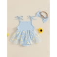 thumbnail image 6 of Newborn Baby Toddler Girl Romper Dresses Outfit, 3 6 9 12 18 Months Sleeveless Flower Print Tulle Patchwork Romper Dress with Bowknot Hairband Summer Clothes, 6 of 9