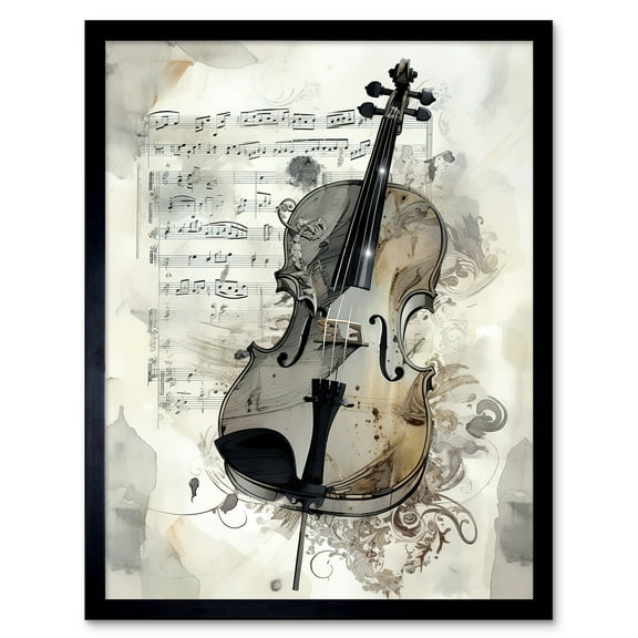 Violin Instrument and Sheet Music Modern Monochrome Watercolour Illustration Art Print Framed Poster Wall Decor 12x16 inch