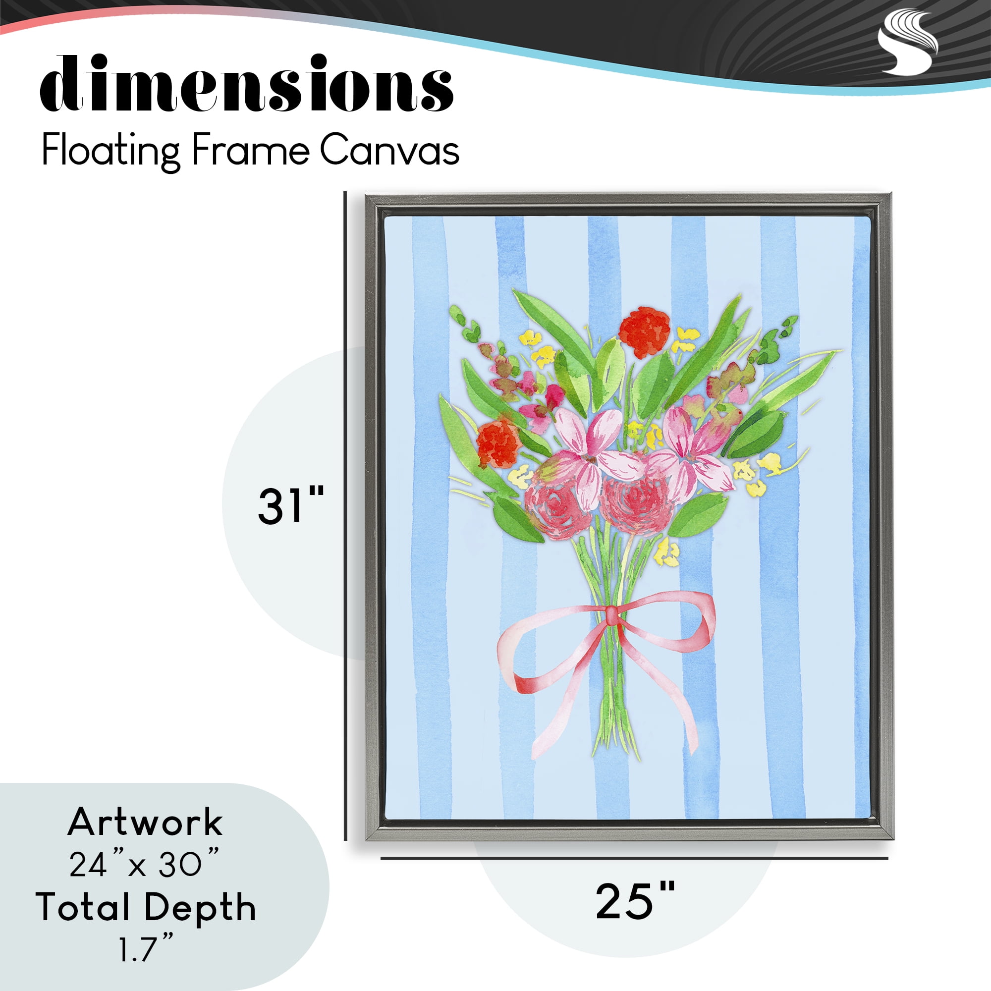 Blue and Pink Bouquet & Bow Gray Framed Floater Canvas Wall Art, design by Nina Jacobs