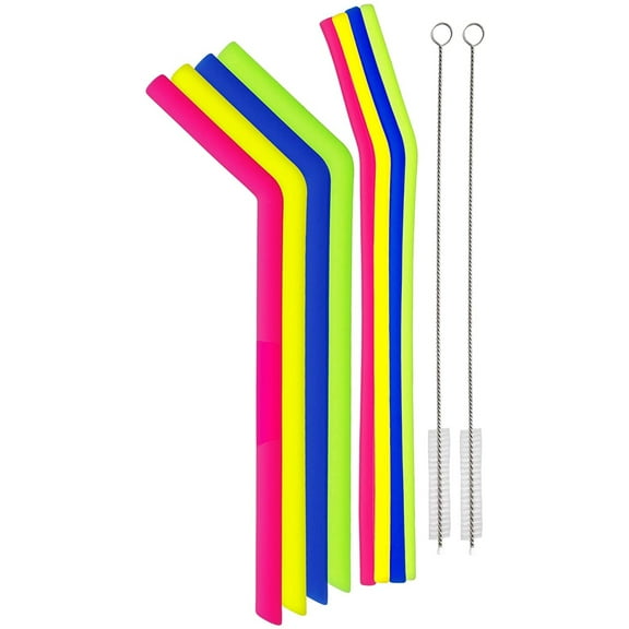 Traytastic! Silicone Straws - 8 Pack of Assorted Colors, (4) Jumbo & (4) Standard Sized Drinking Straws (2) Cleaning Brushes | Flexible Reusable Eco-Friendly